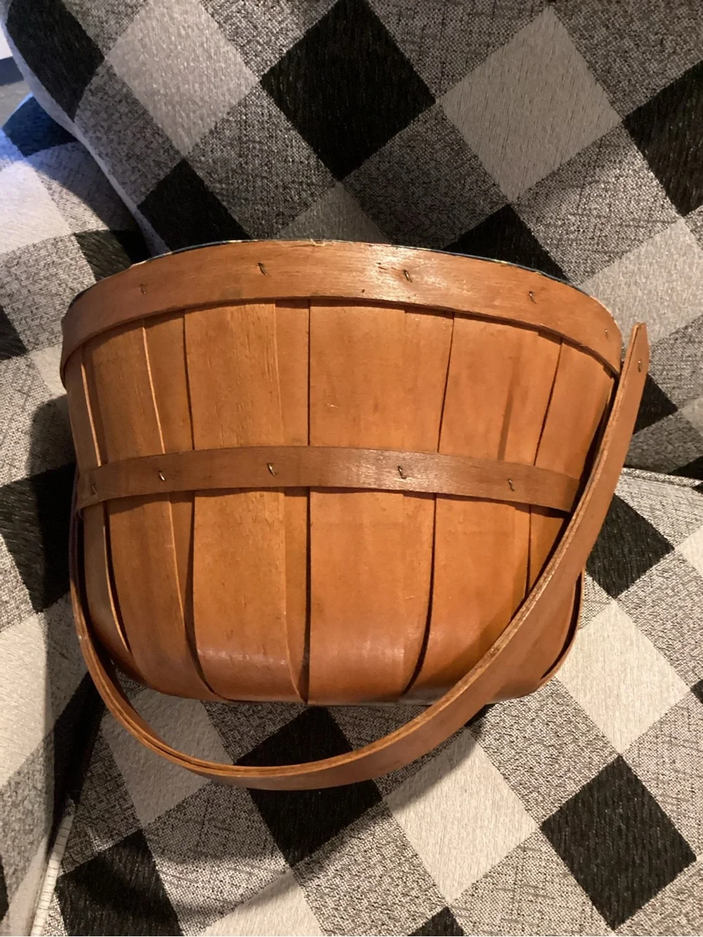 vintage wood and wicker sewing basket featuring “Churn Dash Star